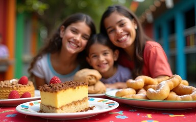 A vibrant table showcases traditional Mexican desserts including tres leches cake and churros, with a joyful family smiling together, creating a festive atmosphere. High quality