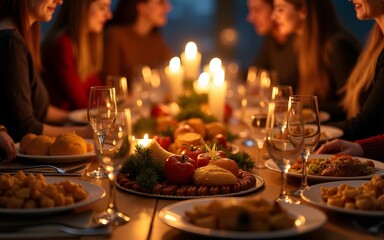 Festive gathering with sharing of traditional meals and warm candlelight. High quality
