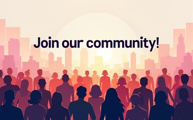 Join our community. Crowd of united people as a business or creative community standing together. Flat concept vector website template and landing page design for invitation to summit or conference