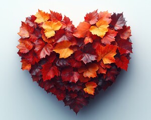 Heart shape made of colorful autumn maple leaves on a white background. Perfect for seasonal love themes, greetings, or Thanksgiving designs.