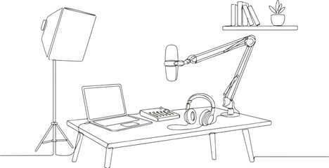 Fototapeta premium Continuous line art of creative podcast setup, microphone on arm stand, headphones, laptop on desk, simple modern home studio interior, editable stroke vector illustration.
