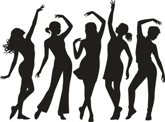 Black and white silhouette illustration of dancing in a white background.