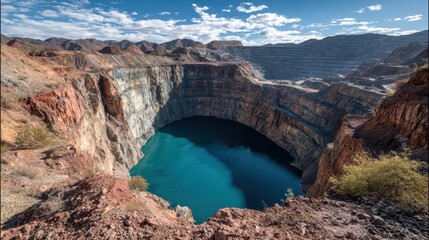 Aerial View of Large Turquoise Waterbody in Crater with Rocky Cliffs under Cloudy Sky