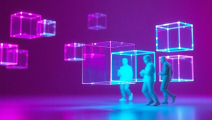 Generative AI digital identity exploration within neon cubes future prediction.