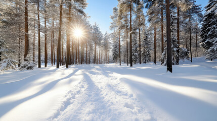 Fototapeta premium Snowy forest sunlit snow path pine trees winter morning serene glow