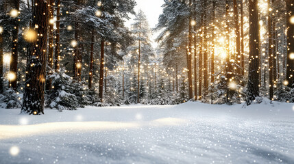 Obraz premium Snowy forest illuminated with holiday lights sunlit pine trees serene winter scene glowing