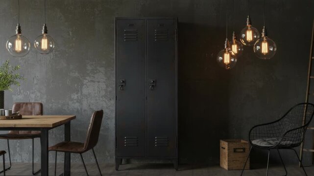 A modern industrial interior featuring lockers, casual seating, and warm Edison bulb lighting creating a stylish workspace.