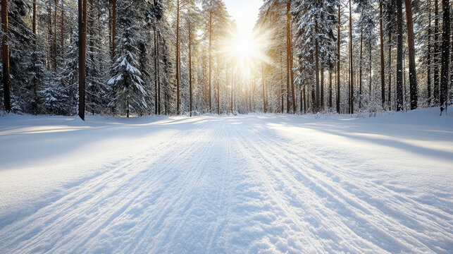 Snowy forest winter sun snow pine tree sunlight snow track cold frost serene