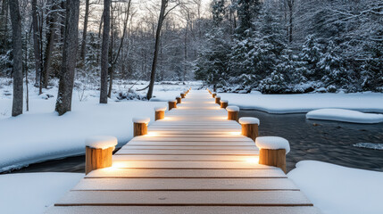 Snowy wooden boardwalk lit by warm lights leading through winter forest