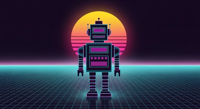 Retro Robot Standing in Neon Sunset Grid Landscape.