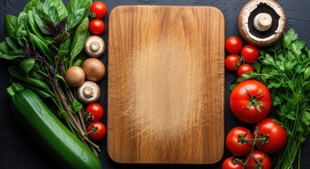 Fresh vegetables and a wooden cutting board on a dark background