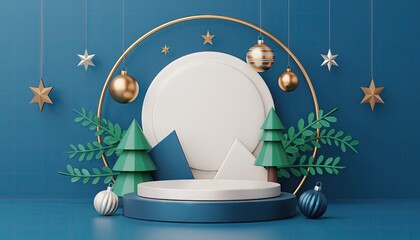 Festive Christmas Ornament Display with Stage and Decorations.