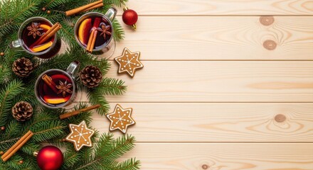 Festive Christmas mulled wine with gingerbread cookies and decorations