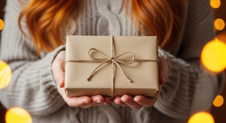 Woman holding a wrapped gift with a twine bow, perfect for giving