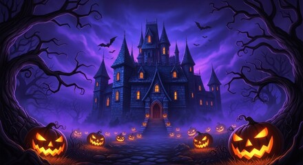 Spooky Halloween night scene with a haunted castle and glowing pumpkins