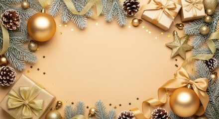 Festive Christmas background with ornaments, gifts, and decorations