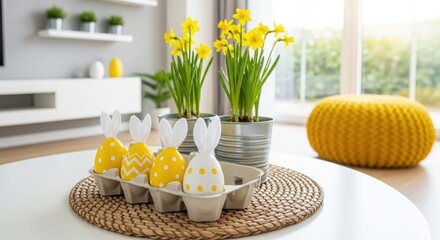 Easter decorations with bunny ears and daffodils on a white table