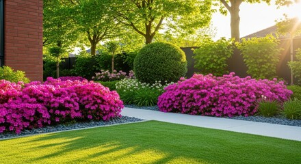 Beautiful garden with vibrant pink azalea bushes and manicured green lawn