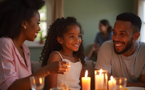 A close-up of a family gathering for a Juneteenth celebration, highlighting the joy and togetherness of the holiday, family celebration, hd, with copy space, inscription Juneteenth. High quality