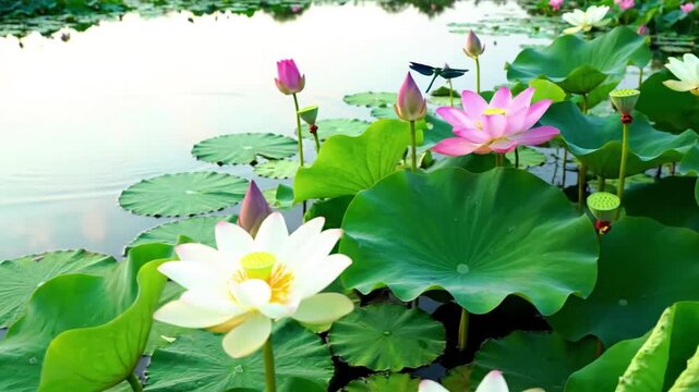Abstract patterns formed by the interplay of light and shadow on the lotus leaves and the shimmering water, creating a visually soothing composition. Artistic and abstract natural patterns