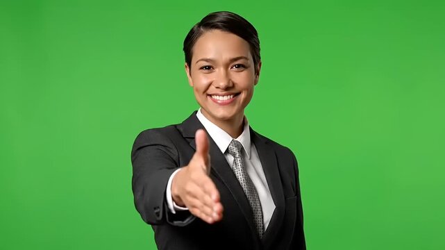 Confident businesswoman offers handshake on green screen, ideal for compositing video footage for virtual meetings and corporate communications
