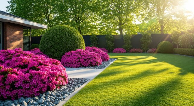 Beautiful garden landscape with vibrant pink azaleas and lush green lawn