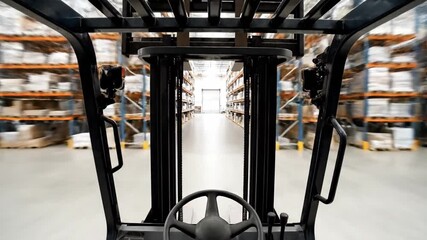 Forklift navigates aisle in modern warehouse, moving inventory, efficient logistics, supply chain operations, industrial distribution, stock management