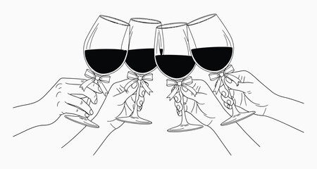 Line art illustration of hands toasting with wine glasses