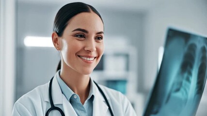 Smiling female doctor analyzing a patients chest xray results in a hospital. - Powered by Adobe