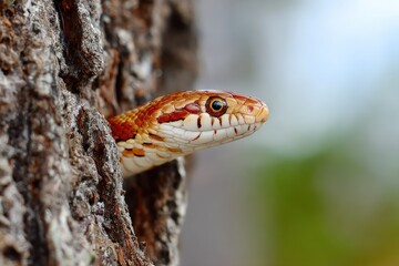 Obraz premium Close-up of a colorful reptile peeking from a tree trunk, eyes focused, background blurred