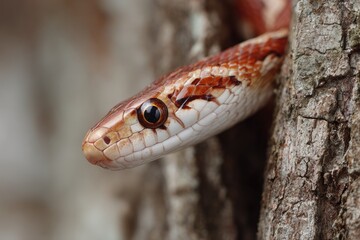 Obraz premium Close-up reveals a slender, colorful reptile with a watchful gaze nestled within a textured tree