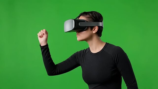 Woman immersed in virtual reality, exploring digital landscapes and interactive experiences in a modern tech environment on vibrant green screen background