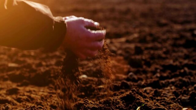 Soil fertility analysis as agricultural activity. farmer hold soil in hands to monitoring humus health on a farm at sunset professional farmer holding dirt from ground to examining earth quality.