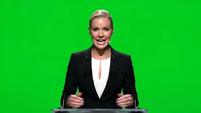 Dynamic businesswoman presenting with confidence against a green screen backdrop ready for your graphics, impactful speech, modern leadership