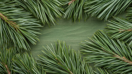 Fototapeta premium Evergreen pine branch green wooden background closeup needles seasonal texture