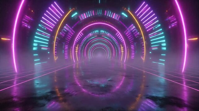 Immersive daylight background exploding in neon purple and cyan disco patterns with solar bursts for galactic cumbia festival branding.