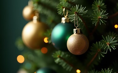 Elegant blurred dark green and gold christmas ornaments on pine holiday decoration festive environment close-up view. High quality