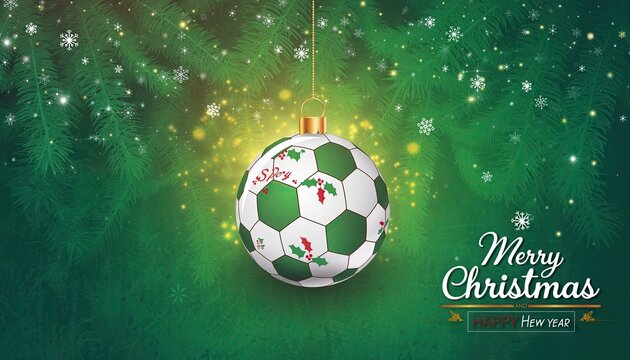 Christmas Soccer Ball Ornament with Festive Green Background.
