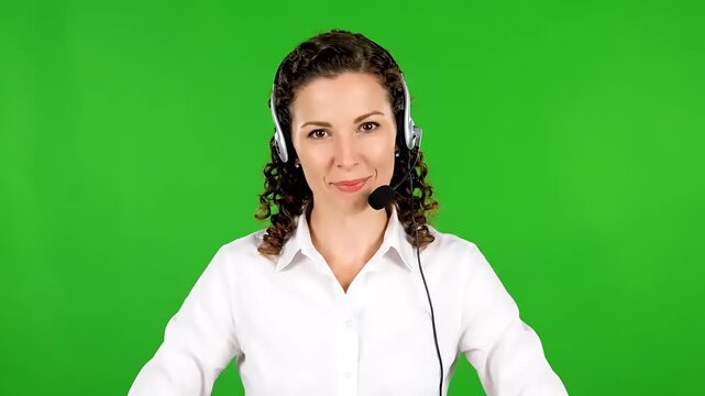 Friendly customer service operator waving hello with headset against green screen promoting communication and support in professional setting
