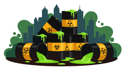 Urban environmental contamination with hazardous waste drums spilling toxic liquid, depicting industrial pollution and ecological threat to city ecosystems, a conceptual graphic illustration