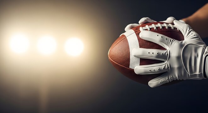 Close up of a football player wearing white gloves holding a football