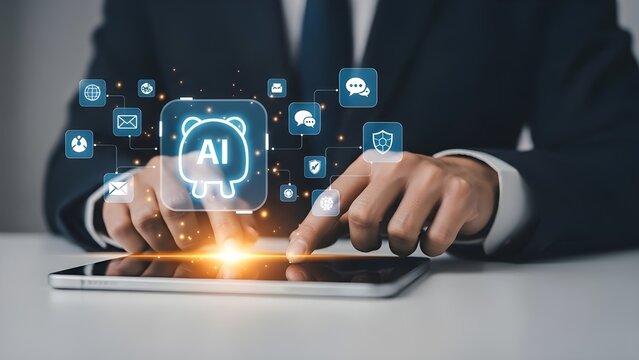 Businessman interacting with ai technology on tablet with digital interface and glowing light effect