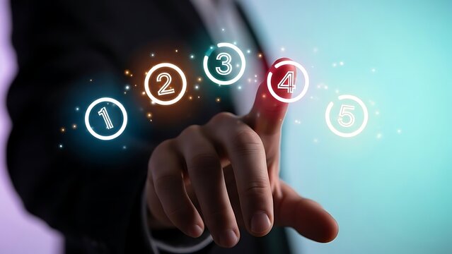 Businessman hand touching holographic number 4, choosing options or process step.