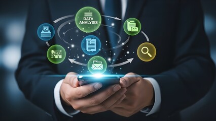 Businessman holding phone with digital workflow visualization and data management icons in a modern business setting