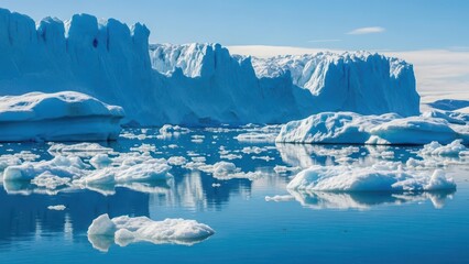 Vast glacial icebergs floating in calm blue ocean water under a clear sky, reflecting the icy landscape and distant glacier wall.
