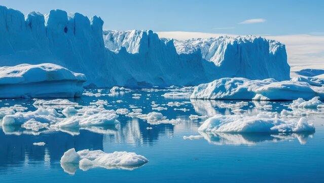 Vast glacial icebergs floating in calm blue ocean water under a clear sky, reflecting the icy landscape and distant glacier wall. - Powered by Adobe