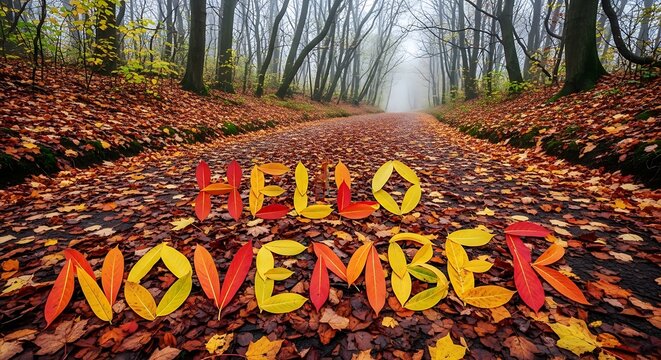 Autumn forest path with hello november text made of colorful leaves