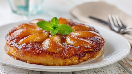 Golden Baked Apple Tart with Caramelized Fruit and Fresh Mint Garnish on White Plate