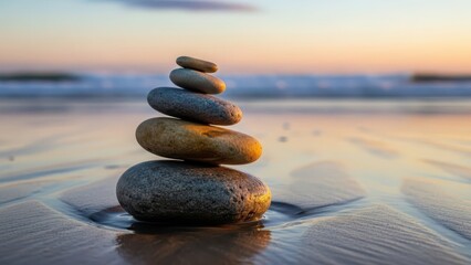 Stacked zen stones balanced on a wet sandy beach at sunset with gentle waves in the background, symbolizing peace