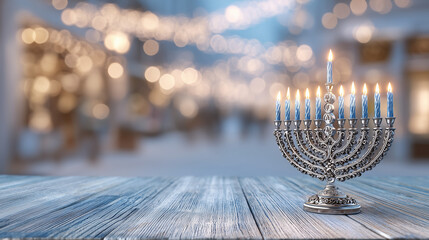 Elegant Hanukkah menorah with glowing candles on a wooden table against festive blurred holiday lights